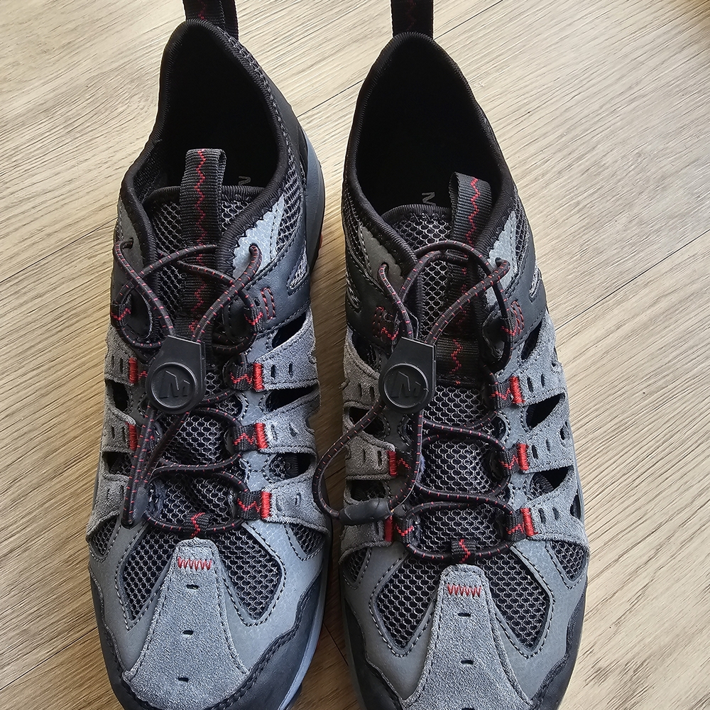 Merrell Gray and Black Athletic Shoes with Red Highlights